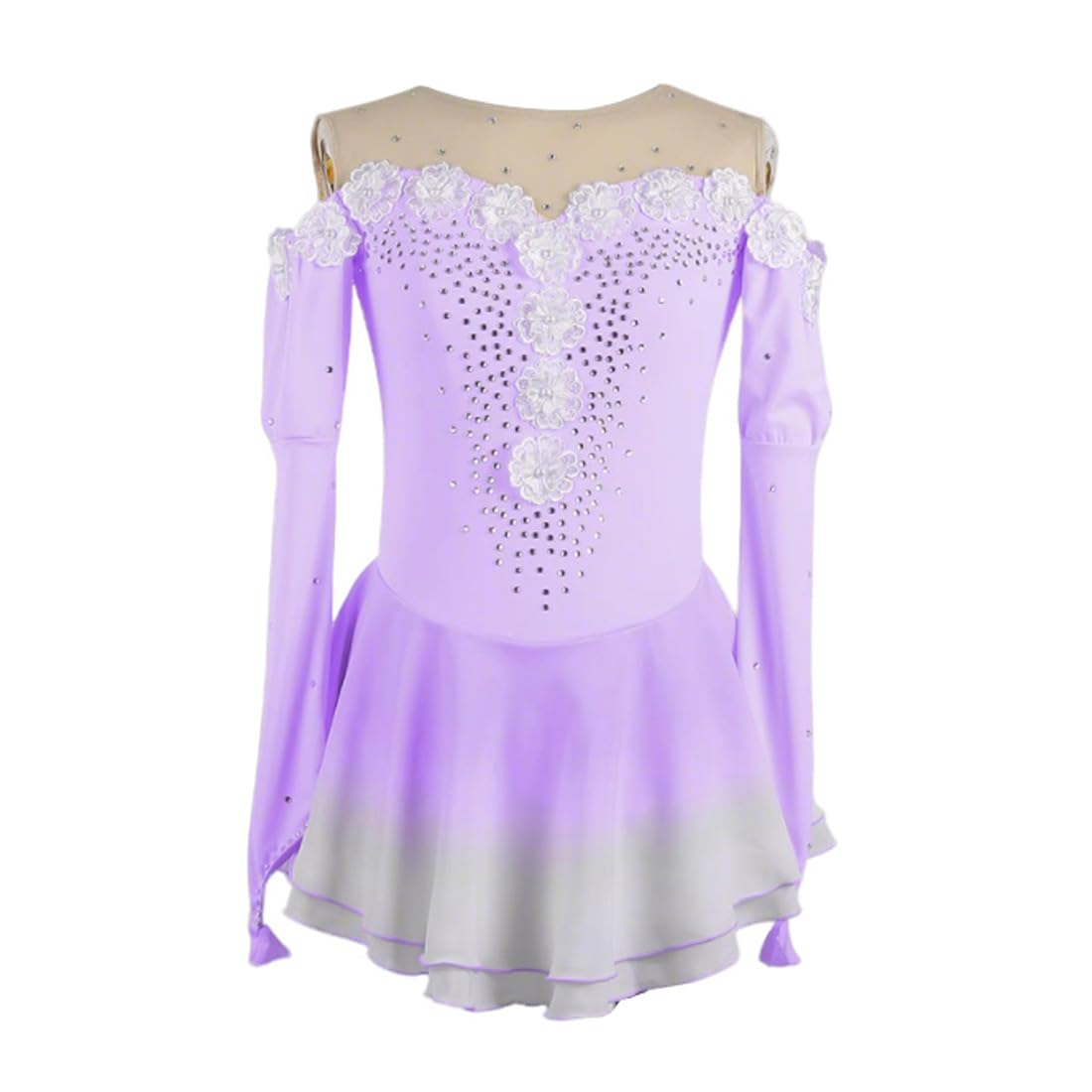 ‌Vestito da Competizione Pattinaggio Artistico Bambine - Abito Esibizione con Bianco Floreali, Strass & Orlo Elasticizzato per Gare/Allenamento