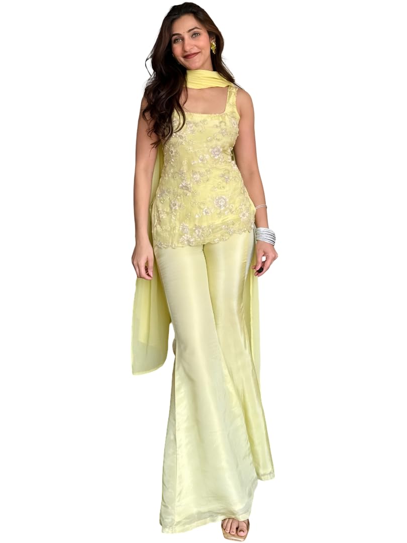 alloria Women's Embroidered Faux Georgette Kurta Set with Dupatta & Flared Sharara | Sleeveless Straight Kurta | Ethnic Festive Traditional Marriage Outfit-picture-20