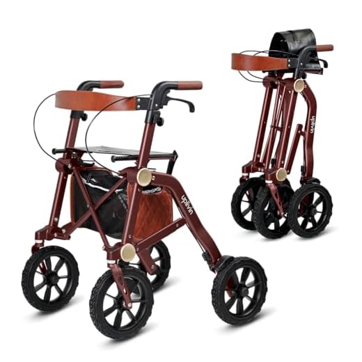 Uplivin Trive All Terrain Rollator with Seat - 1 Step Dual Folding, 10 Inch 4 Wheel Rollators, Lightweight Aluminium Mobility Walker with Underseat Bag (Wine Red)