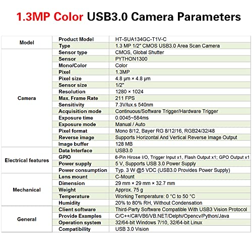 Image of High Speed USB3.0 1.3MP Color Machine Vision Industrial Camera | HT-SUA134GC-T Area Scan Sensor 1 /2 inch Global Shutter C-Mouth Supports Windows and Linux SDK 1280x1024 211fps