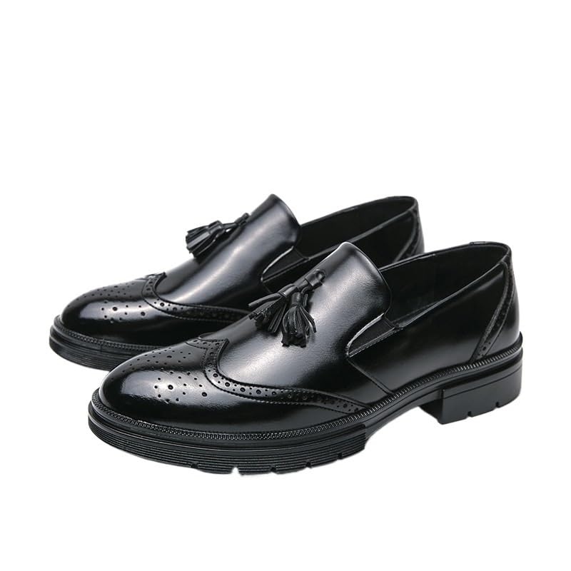 Mens Tassel Brogue Dress Oxford Formal Shoes Office Wedding Burnished Leather Business Block Heel Classic Slip On Plain Toe