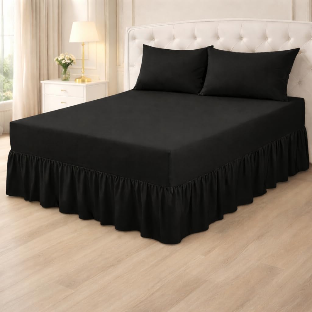 Plain Poly cotton Extra Deep Frilled Valance Fitted Sheets, Easy Case Fitted Valance Sheets in 14 Attractive Colors, Percale Quality Fitted Valance Sheet (Black, Single)