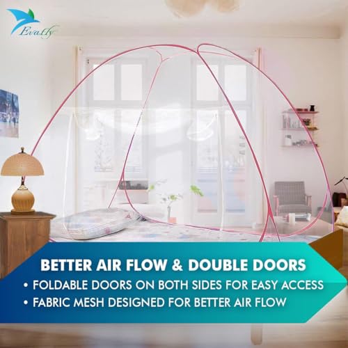 Image of Evafly Mosquito Net for Single Bed with Heart Design | Premium Polyester Mesh | Foldable Pop Up Bed Net | Fine Mesh Protection from Mosquitoes & Insects | Easy Setup, Washable | Red