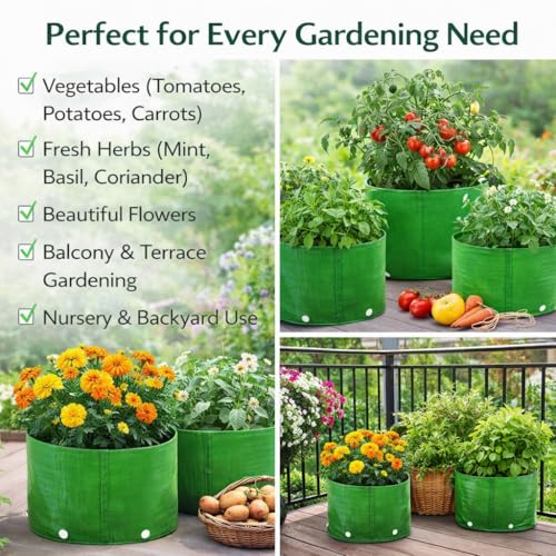 Image of GREENSHEEP HDPE Grow Bag Heavy Duty 260 GSM Round Plants Flower Growing Bags Floor Standing Mount Type for Home Garden Balcony Terrace Kitchen Nursery (Green, 9x9 inch, Pack of 2)