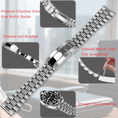 Image of Juntan Screw-in Stainless Steel Watch Band 20mm 21mm 22mm for Men Women, Curved End Straight End Metal Watch Strap with Oyster Buckle, Taperd Replacement Jubilee Bracelet Silver Gold