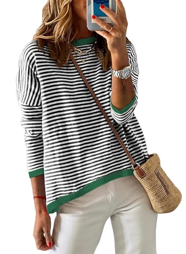 Image of Womens Striped Lightweight Cotton Sweaters Long Sleeve Crew Neck Color Block Casual Knitted Pullover Tops