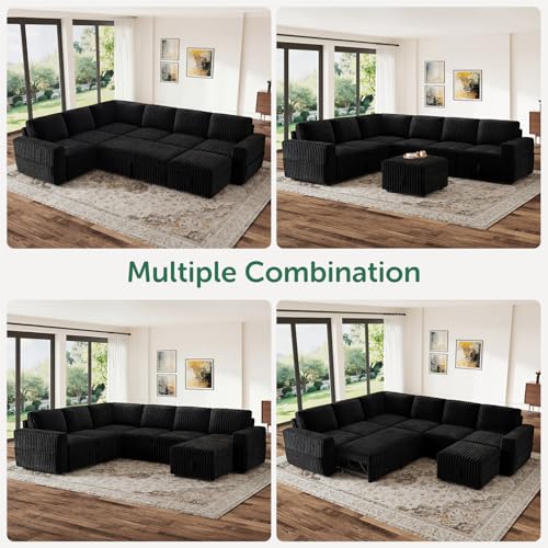 Image of HONBAY Modular Sectional Sleeper Sofa with Pull Out Bed,Corduroy U Shaped Couch with Storage, Sectional Couches for Living Room,Black