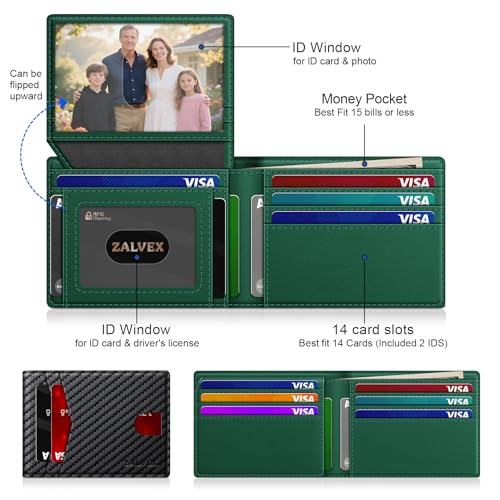 Image of Wallet for Men Slim RFID Blocking Leather Credit Card Holder Wallet for 14 Cards, Bifold Minimalist Thin Wallet with 2 ID Windows & Cash Slot, Front Pockt Carteras Para Hombres, Birthday Gifts for Men