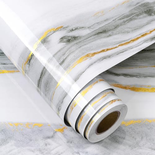 FunStick 24"x200" Glossy Marble Contact Paper for Kitchen Counter Top Contact Paper Peel and Stick Waterproof Gold White Marble Wallpaper for Bathroom Self Adhesive Vinyl Wrap for Countertops Cabinets