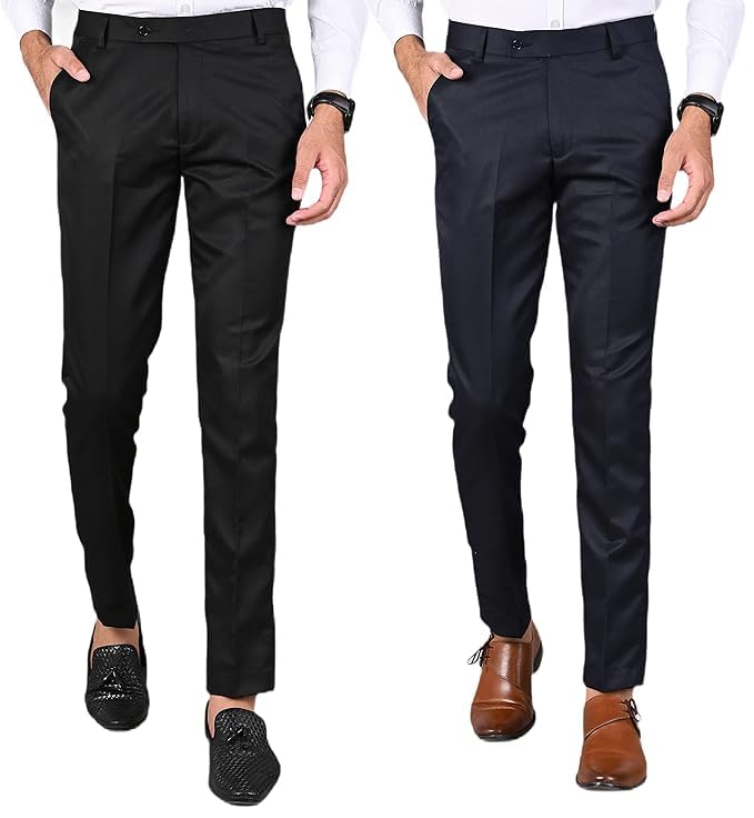 Men's Slim Fit Formal Trousers, Pack of 2, Black & Navy Blue-picture-46