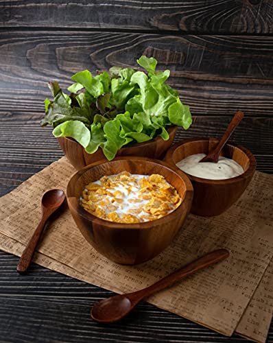 Tiny Nesting Round Wood Bowls Mix Size Stackable Acacia Wooden Bowl Set With Dia 4", 5", And 6" With 3 Spoons For Serving Salad, Fruit, Dip Sauce, Salsa, Snack, Rice, Pasta, Cereal, Decor Nest Dish #TOP1