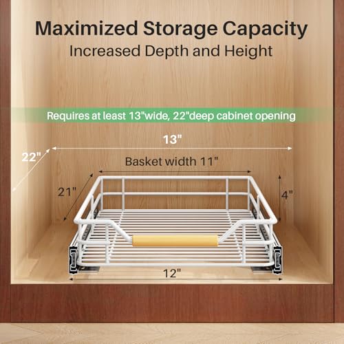 Image of Pull out Cabinet Organizer, 12 inchW X 21 inchD, Heavy Duty Smooth Sliding Under Cabinet Shelves for Pots and Pans, Full-Extension Roll out Drawers, Slide out Organization for Home Kitchen Pantry, White