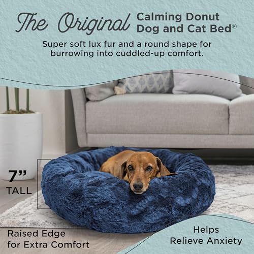 Image of Best Friends by Sheri The Original Calming Donut Dog Bed for Small Dogs up to 25 lbs, Lux Faux Fur, Navy Blue, 23 inch x 23 inch
