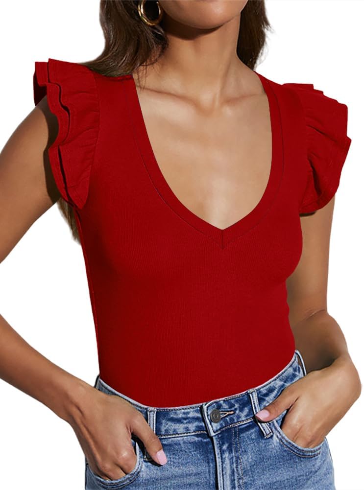Ezbelle Women's Summer Sleeveless Tops V Neck Ruffle Shirts Knit Ribbed Tank Top Sexy Blouse - Image 2