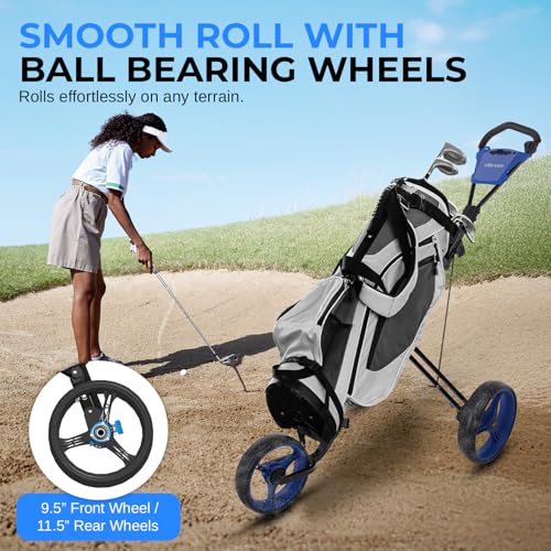 Image of SereneLife Golf Push Pull Cart - Lightweight, Foldable, Bag Holder with Adjustable Handle, Compact Folding Golf Trolley for Travel
