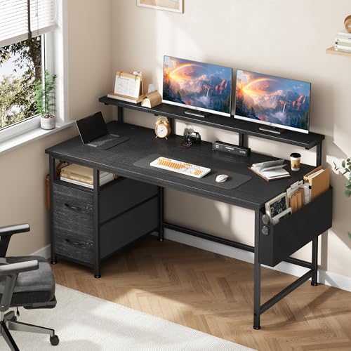 Klyvvo 120x48 Schreibtisch mit 2 Schubladen Bieten Stauraum, Computertisch, Gaming Schreibtisch mit Monitorständer,2 Ablagehaken,Kabelführungsfach,Geeignet für Homeoffice-Mitarbeiter und Gamer,Schwarz