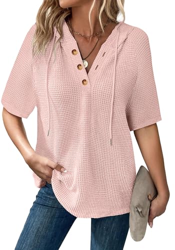 Dimur Womens Hoodies Drawstring Button Hooded Pullover Tops Puff Hoodie Cute Tops Western Outfit For Women 2026 Spring Summer Fashion Pink