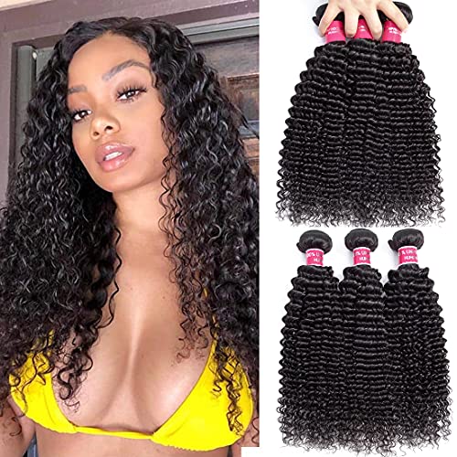 Longjia Show 9A Brazilian Deep Wave Bundles Human Hair 3 Bundles (18 20 22inch,300g)100% Unprocessed Brazilian Virgin Human Hair Weave Bundles Deep Curly Natural Black