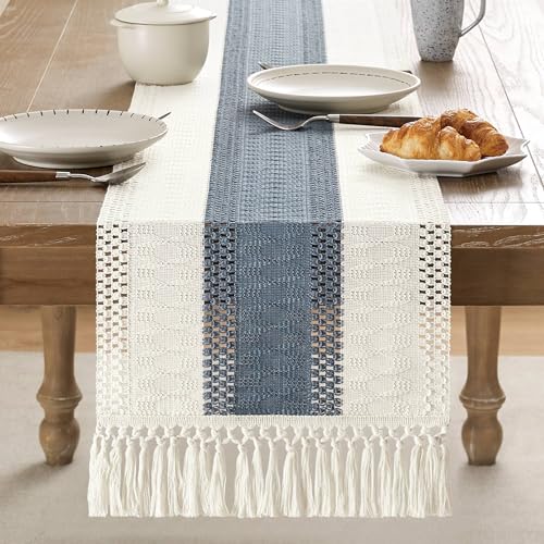 Image of ZeeMart Macrame Style Bicolor Stitching Table Runner, 14 x 72 Inch Navy /Ivory, Boho Navy Blue Table Runners 72 Inches Long, Farmhouse Woven Home Decor