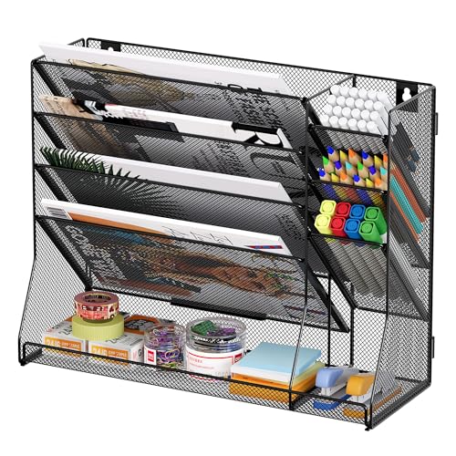 TQVAI 5 Compartiments Métal Porte Revue Mural avec 3 Porte Stylo Rangement Document Papier A4 Dossier Papeterie Organisateur de Bureau pour Bureau Maison...