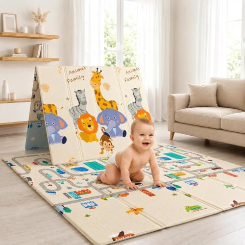 Image of StarAndDaisy Foldable Baby Play Mat 6 x 6.5 ft, 20MM Thick XPE Foam Playmat, Reversible 2-in-1 Design, Lightweight Cushioned Floor Mat for Crawling, Playing & Learning
