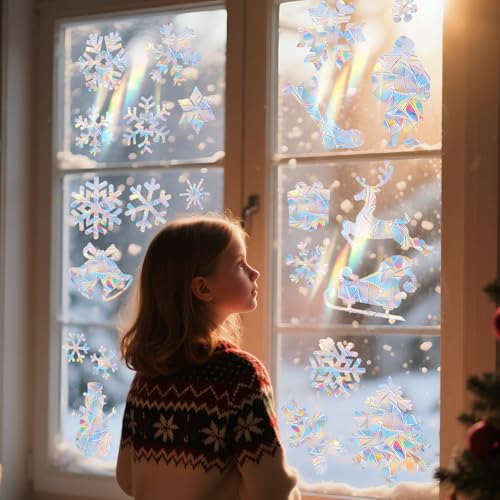Image of 63 PCS Christmas Snowflake Window Clings - Holographic Rainbow Effect Christmas Window Decals, Double-Sided Reusable Static Stickers for Glass Windows, Mirrors & Holiday Decorations (No Glue Needed)