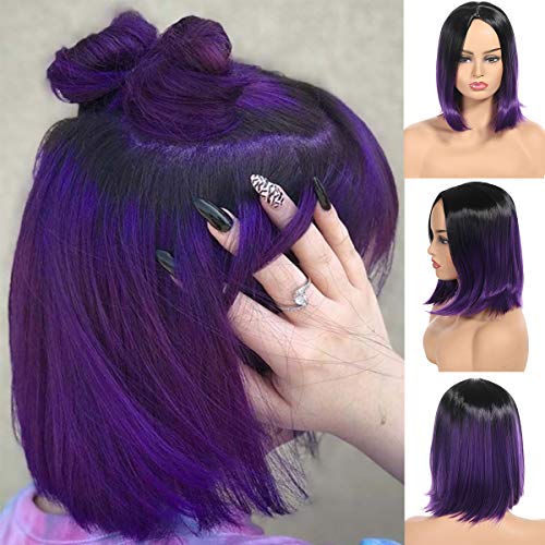 Synthetic Straight Hair Ombre 1B/Purple Short Bob Wigs for Women Girls Two Tone Middle Part Short Hair Bob Hairstyle 1B/Purple Color