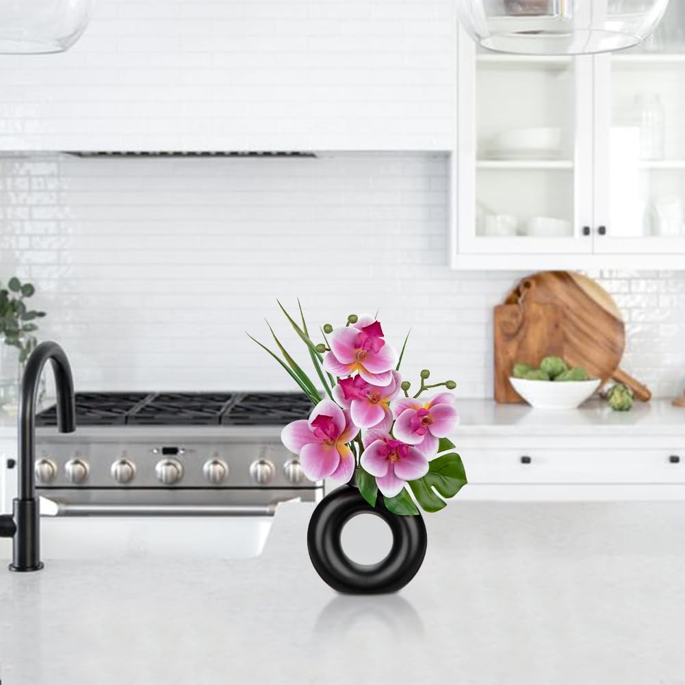 Oairse 2PCS Small Pink Orchid Artificial Flowers in Black Ceramic Pot Silk Orchid Floral Arrangement Fake Orchid Plant for Home Office Dining Room Shelf Table Centerpiece Decoration - Image 4