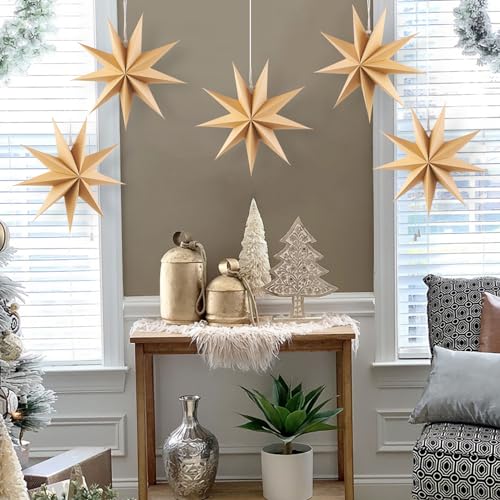 Image of SUNBEAUTY 5 Pcs 9-Pointed Natural Paper Star Lanterns 12 Inch Christmas Hanging Lamp Rustic Paper Decorations Shade Wedding Birthday Christmas Home Party Decorations