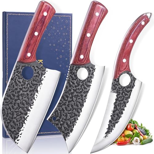 KITNATS Butcher Knife Set, 3PCS Hand Forged Meat Cleaver, Sharp Serbian Chef Knife & Kitchen Knives & Viking Knives Set for Meat Cutting, Boning Knives for Home、Camping、BBQ Gifts Idea Men