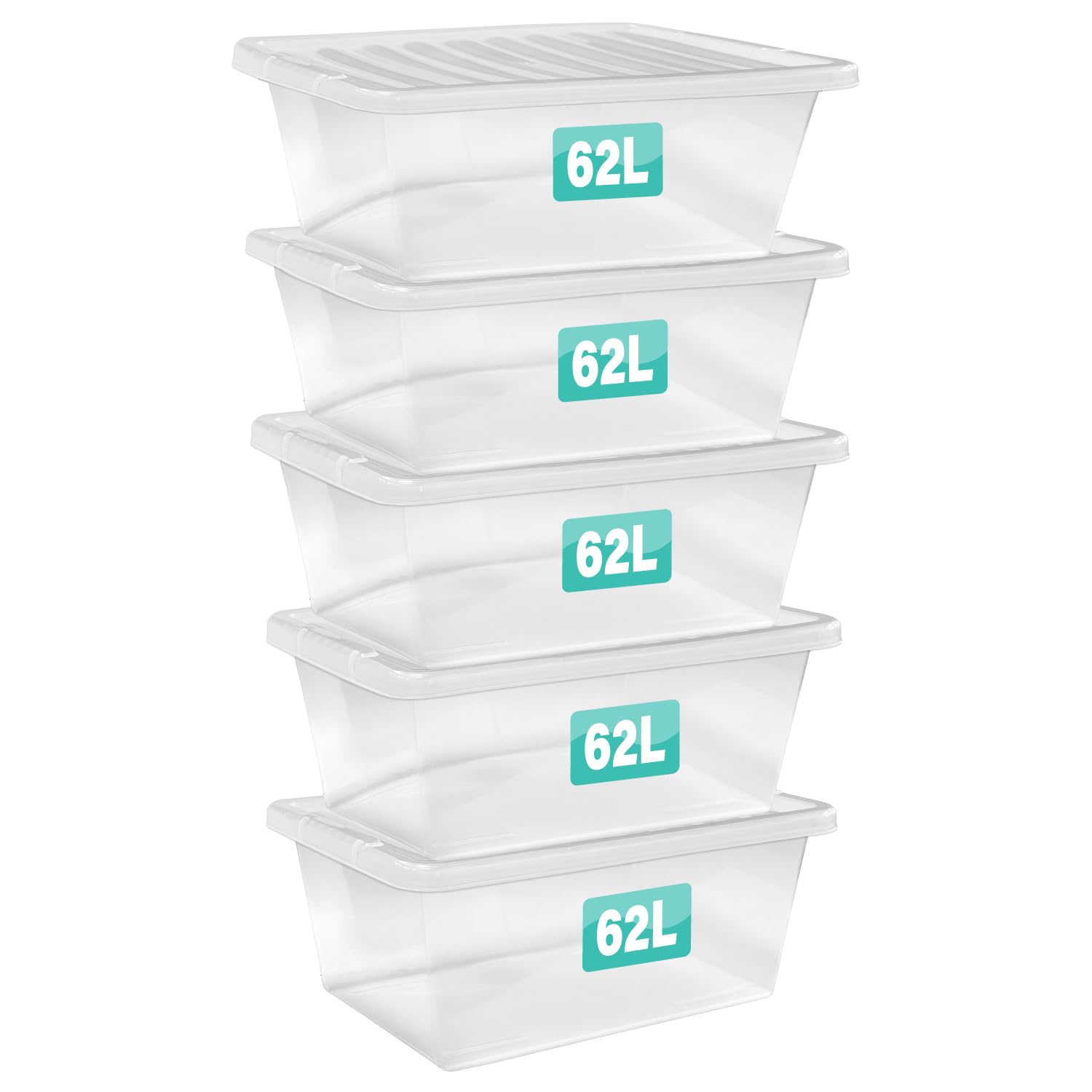 Optimal Products 5 x 62 Litre Clear Plastic Storage Box With Lids UK BRITISH MADE Home Office Stackable Transparent Plastic Boxes, Size 5,11,24,28,35,45,62 Litre
