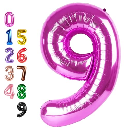 Image of Number Balloons 9 Balloon Hot Pink for 9th Birthday Party Decoration, 40 in | Saturated Color, Large 40 in, With Straw & Hanging Hole, For Back-to-School Season, Wedding, Christmas, New Year, Anniversary