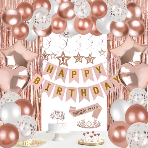 Image of Ecolley Birthday Party Decorations, Happy Birthday Banner, Rose Gold Fringe Curtain, Heart Star Foil Confetti Balloons, Sash Crown for Women Girls Birthdays Princess Party
