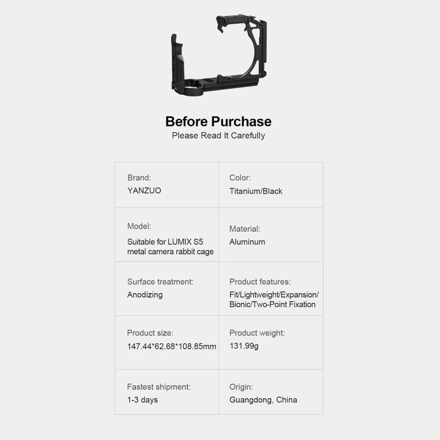 Aluminum Alloy Camera Cage for Lumix S5 Camera (Titanium)