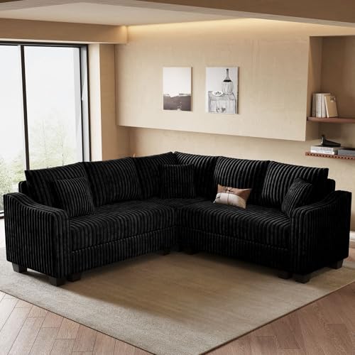 Belffin Sectional Couch with L-Shape Chaise L Shaped Couch with Ottoman Sectional Couches for Living Room Corduroy (Black, L Shaped) Black L Shaped