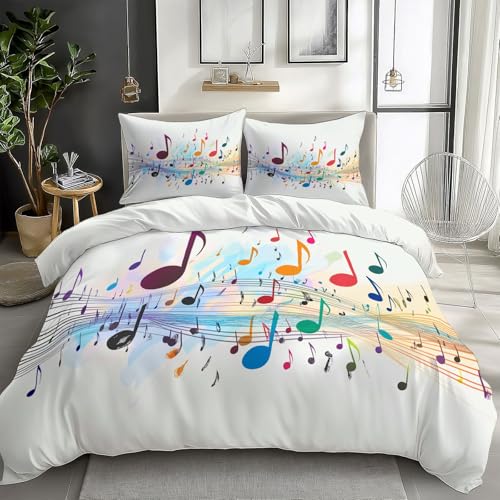 Parure de lit Réversible Notes de musique colorées - Set de Housse de Couette 90 x 190 cm avec 1 taies d'oreiller pour lit 1 Personnes - Polycoton avec...