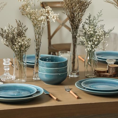 Image of Stone Lain Riley 24-Piece Dinnerware Set Stoneware, Plates and Bowls Set, Dishwasher and Microwave Safe, Dish Set for 8, Blue
