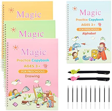Upgraded Large Magic Practice Copybook Set(Size 10.5"x7.3")-4PCS Reusable Magic Practice Copybook for Kids-Magic Copybook Large- Magic Calligraphy Copybook-Magic Handwriting Practice Copybook Kid