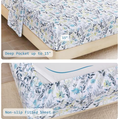 Image of lasoftan Floral Queen Comforter Set with Sheets, 7 piece Luxury Vintage Bedding, Soft Microfiber Bed in a Bag, Cozy Lightweight Bed Set, Grey Yellow Botanical