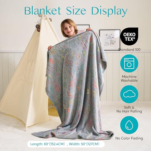Joiedomi Glow in The Dark Gaming Blanket Gamer Gifts for Boys Age 2 3 4 5 6 7 8 9 10 11 12 Year Old, Soft Cozy Flannel Kids Throw Blanket, Birthday Bedroom Decor Grey 50"×60"