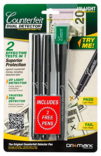 Dri Mark Dual Test - The Original Smart Money Pen with UV LED Cap Counterfeit Detector System - Plus 2 Free Detector Pens - Money Loss Prevention - Fraud Protection, Black, 3 Count (Pack of 1) #1