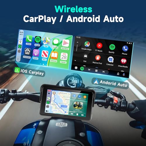 Image of 5 Inch Motorcycle CarPlay Screen with TPMS Sensors, Wireless Android Auto, Handlebar Control Power Cable, IP68 Waterproof Portable Motorcycle GPS Display