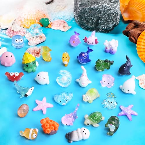 HSLCGF 30 PCS Miniature Ocean Theme Mini Resin Ocean Animals Ocean Mini Figurines Resin Axolotl for DIY Fish Tank Accessories, Micro Landscape Aquarium