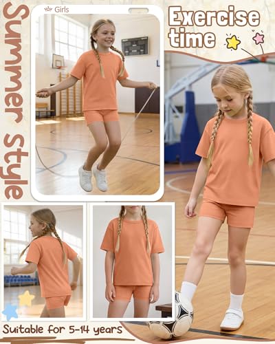 Image of Oakgarden Girls 2 Piece Outfits School Clothes | Back to School, Travel, Summer, Casual Sets, Athletic, Short Sleeve Top, Bike Shorts, Tween, Trendy, Matching Clothing, 5-14Y