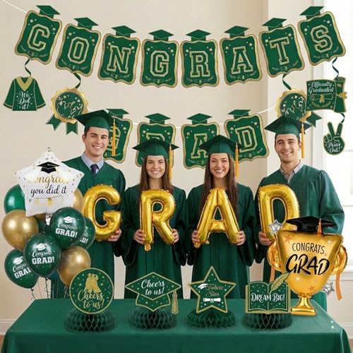 Image of Green Gold Balloons GRAD Print Balloons with Banner Table Honeycomb Centerpieces Hanging Swirl trophy star GRAD Letters Mylar Balloons for 2026 graduate Prom Decorations