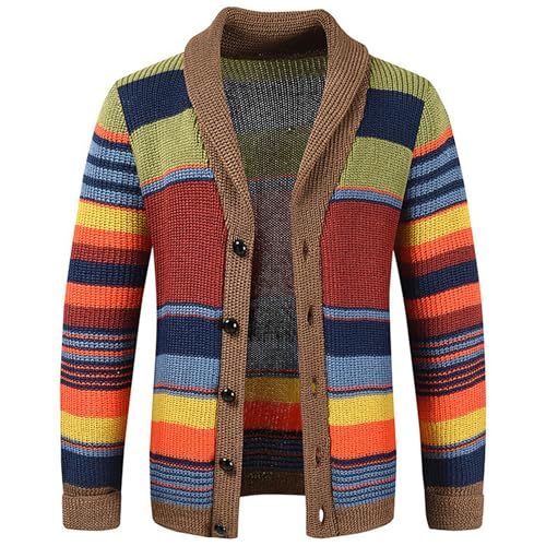Men's Shawl Collar Plaid Knit Sweater Color Block Cardigan Casual Sweater Button Down Open Front Sweaters