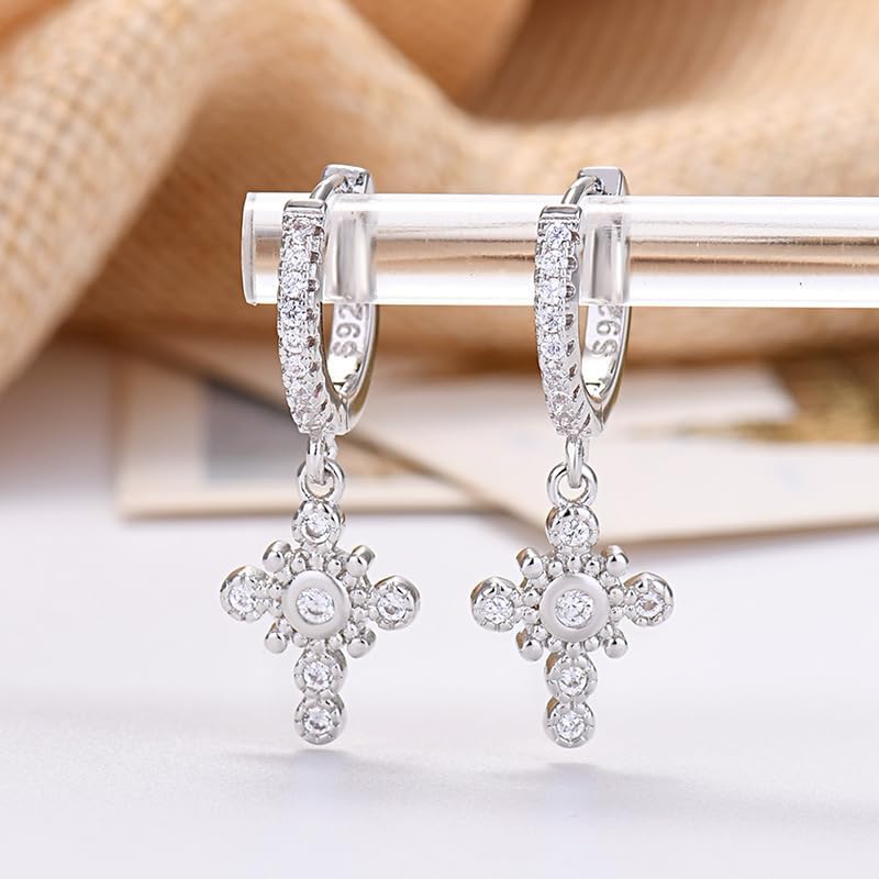 Cross Dangle Hoop Earrings Huggie Hoops Silver Cross Pendant Drop Hinged Hoop Earrings - Image 6