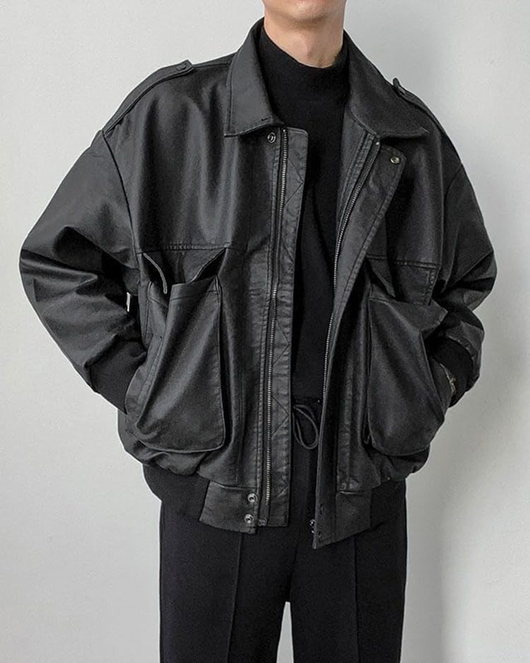 Men's PU Faux Leather Zip-Up Motor Varsity Bomber Jacket Unisex Y2k Coats Harajuku Vintage Alt Emo Grunge Streetwear2