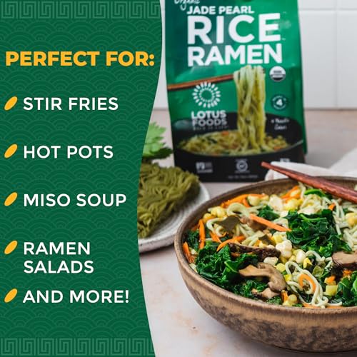 Lotus Foods Jade Pearl Organic Rice Ramen - Gluten Free Rice Ramen, Whole Grain Ramen Noodles, Organic Vegan Rice Noodles, Low Sodium, Non GMO, USDA Organic - 10 Oz Bags (Pack of 6)