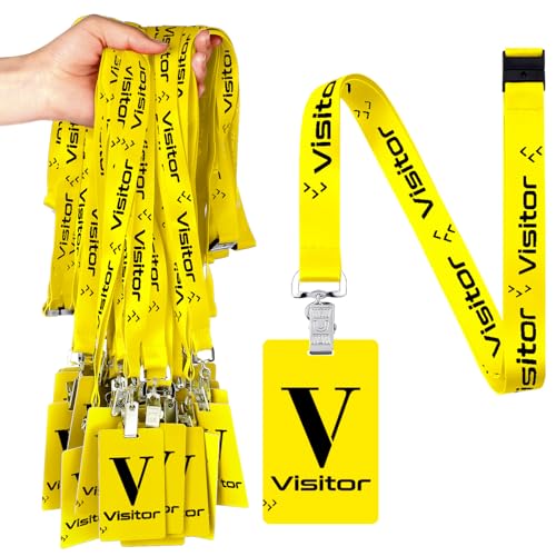 PerKoop 25 Pack Visitor Badge Lanyards Volunteer Badge Holder with Clips ID Card Holder with PVC Pass Card Reusable Breakaway Lanyards for Company Exhibition Guest Visitor (Yellow)